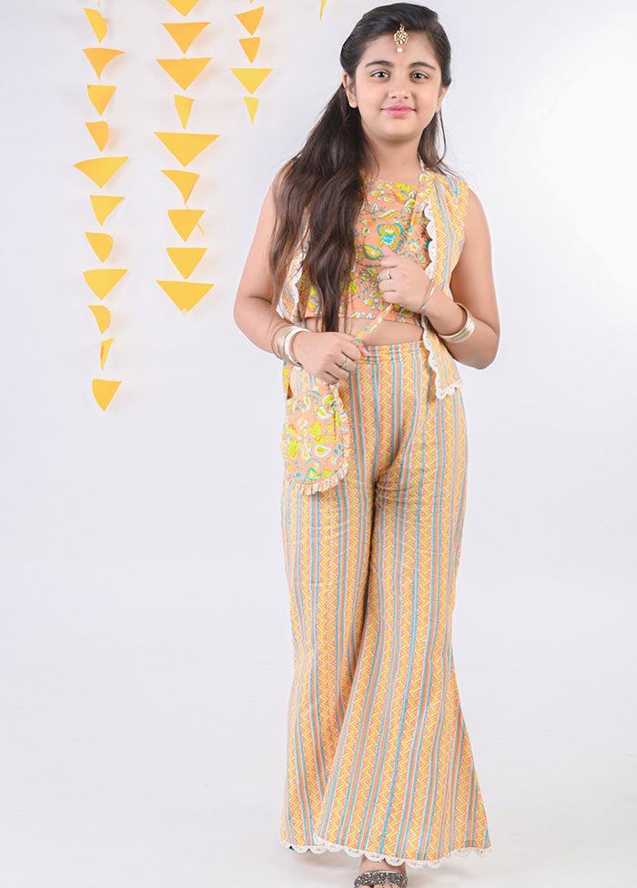 3 Pc Yellow Cotton Top Pant And Jacket Set - Indian Silk House Agencies