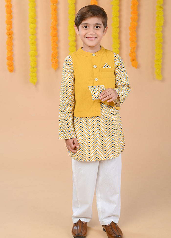 3 Pc Mustard Cotton Kurta Pajama And Jacket Set - Indian Silk House Agencies