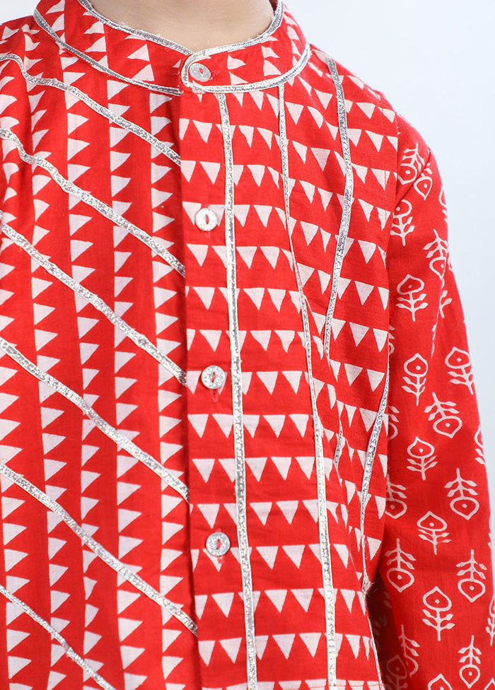 3 Pc Red Cotton Kurta Pajama And Jacket Set - Indian Silk House Agencies