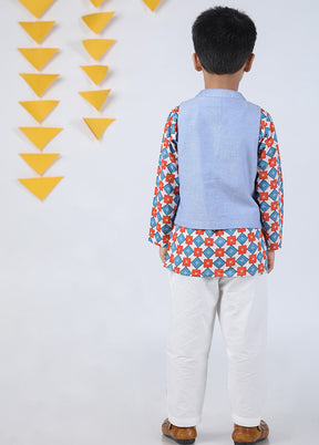 3 Pc Multicolor Cotton Kurta Pajama And Jacket Set - Indian Silk House Agencies