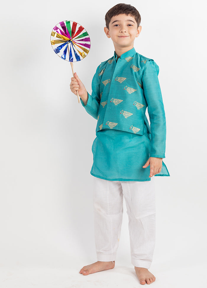 Blue Silk Kurta Pajama With Jacket For Boys - Indian Silk House Agencies