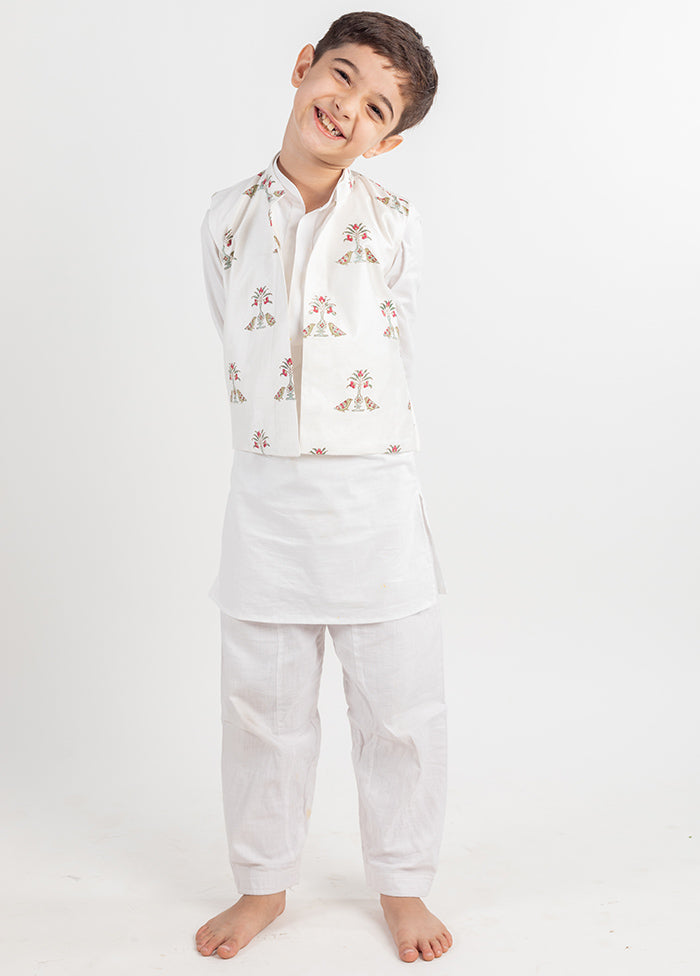 White Silk Kurta Pajama With Jacket For Boys - Indian Silk House Agencies