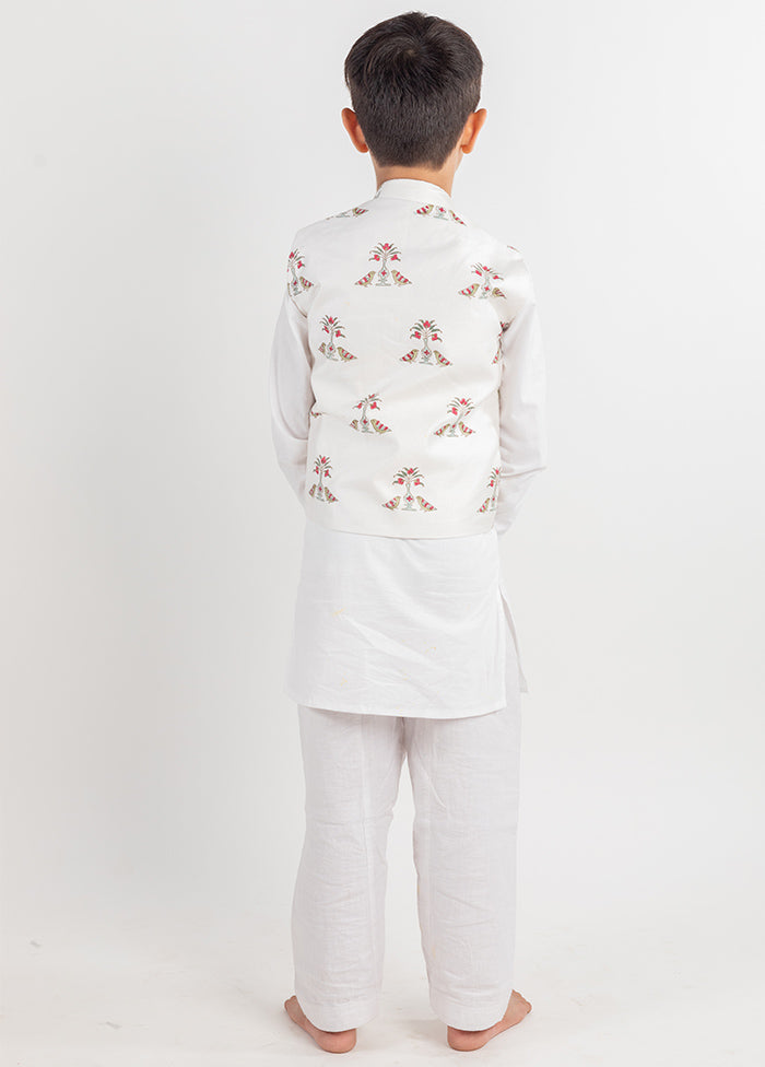 White Silk Kurta Pajama With Jacket For Boys - Indian Silk House Agencies