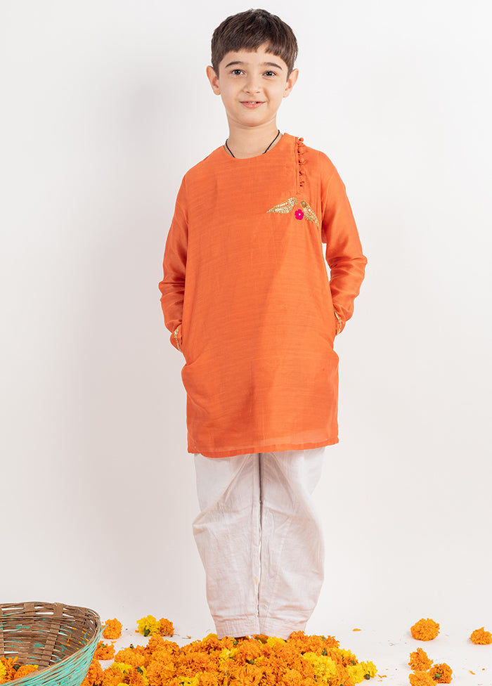 Orange Silk Kurta Pajama With Jacket For Boys - Indian Silk House Agencies