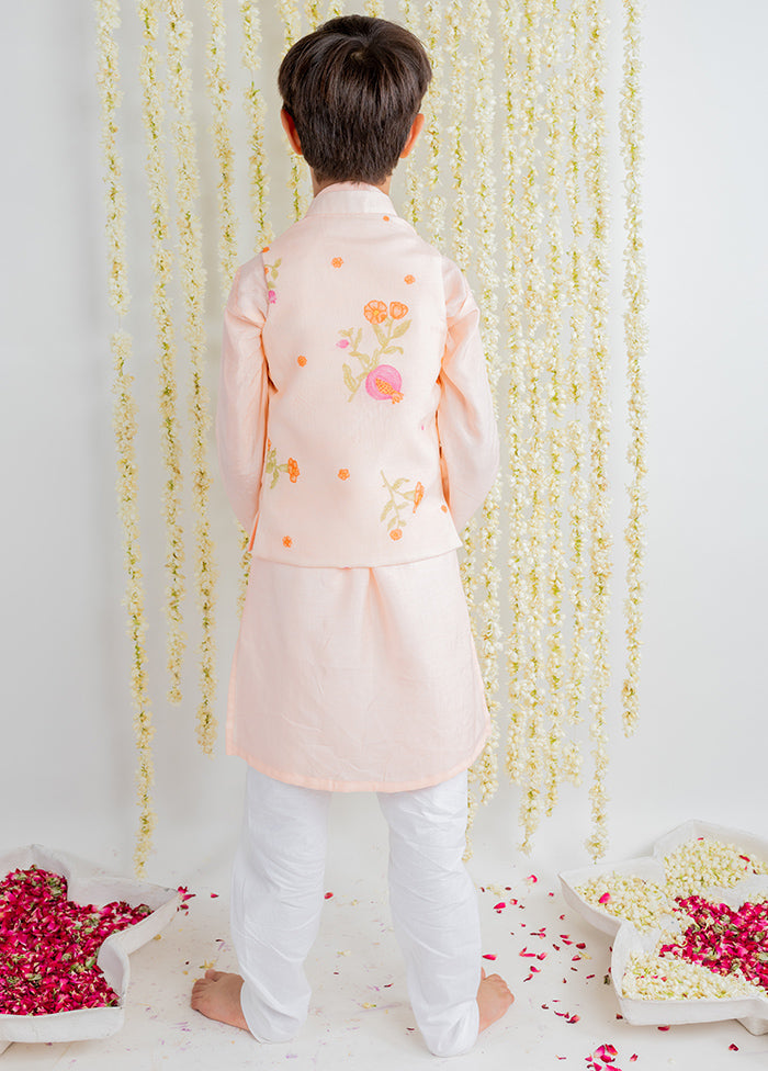 Peach Silk Kurta Pajama With Jacket For Boys - Indian Silk House Agencies
