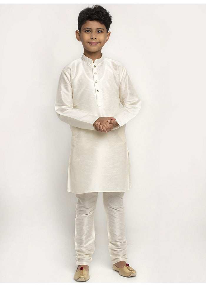 2 Pc White Art Dupion Mandarin Collar Kurta Pajama Set - Indian Silk House Agencies