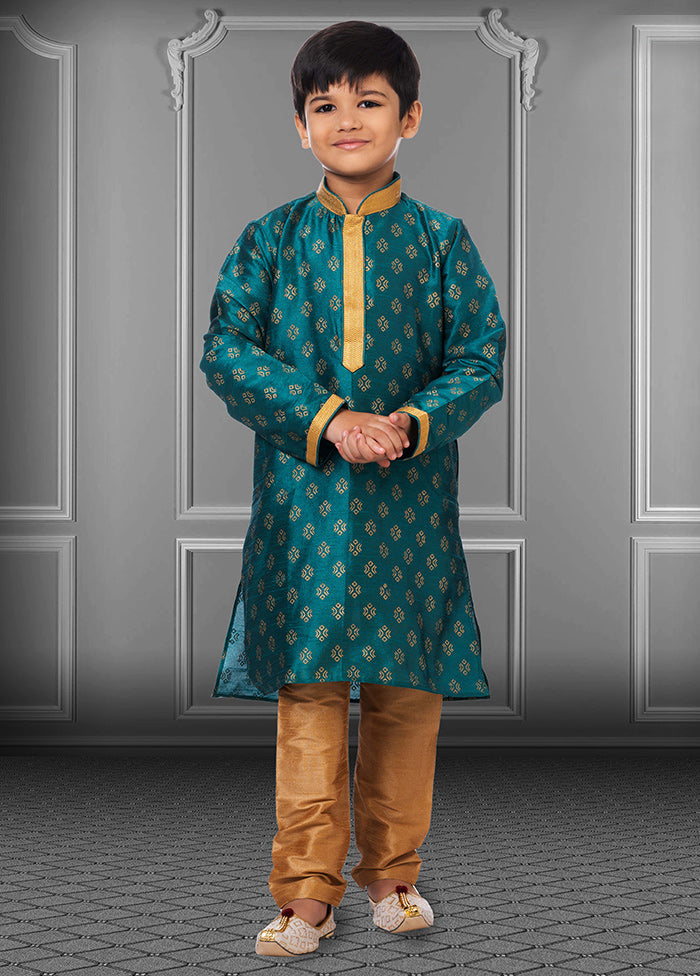 2 Pc Rama Printed Dhupion Silk Mandarin Collar Kurta Pajama Set - Indian Silk House Agencies