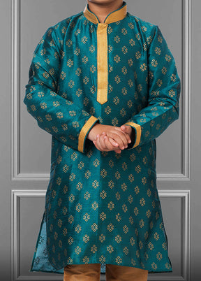 2 Pc Rama Printed Dhupion Silk Mandarin Collar Kurta Pajama Set - Indian Silk House Agencies