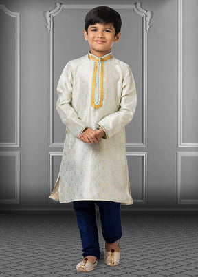 2 Pc Sky Blue Linen Silk Mandarin Collar Kurta Pajama Set - Indian Silk House Agencies