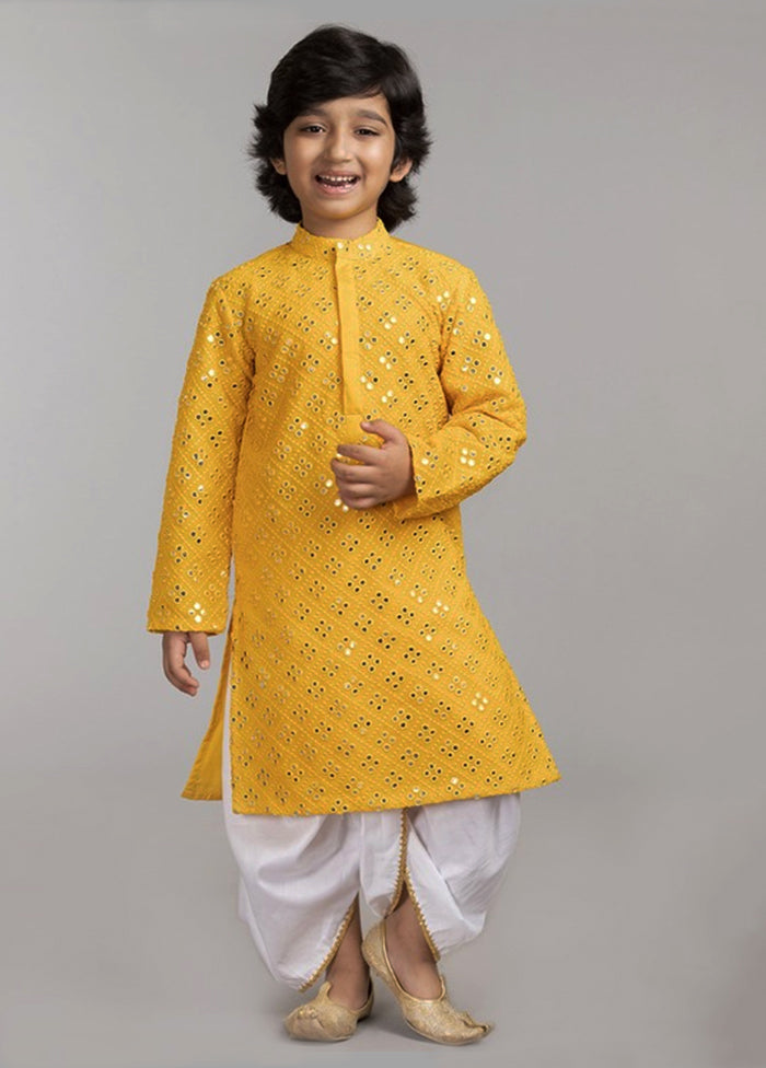 2 Pc Yellow Georgette Mandarin Collar Kurta Pajama Set - Indian Silk House Agencies