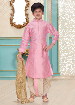 2 Pc Light Pink Dupion Silk Mandarin Collar Kurta Dhoti Set - Indian Silk House Agencies