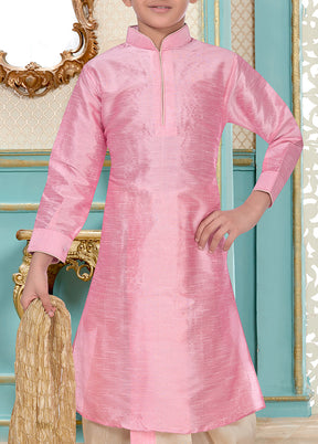 2 Pc Light Pink Dupion Silk Mandarin Collar Kurta Dhoti Set - Indian Silk House Agencies