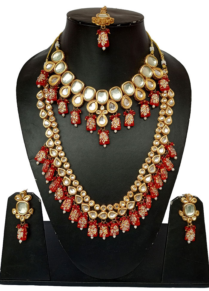 Gold Plated Kundan Jewellery Set With Red Polki - Indian Silk House Agencies