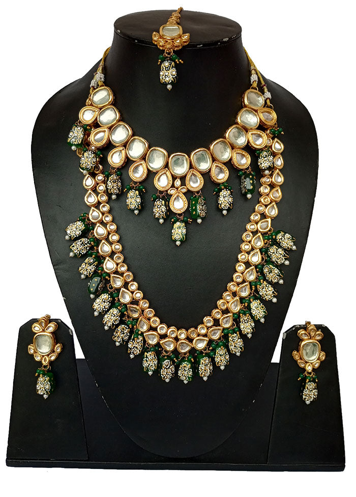 Gold Plated Kundan Jewellery Set With Green Polki - Indian Silk House Agencies