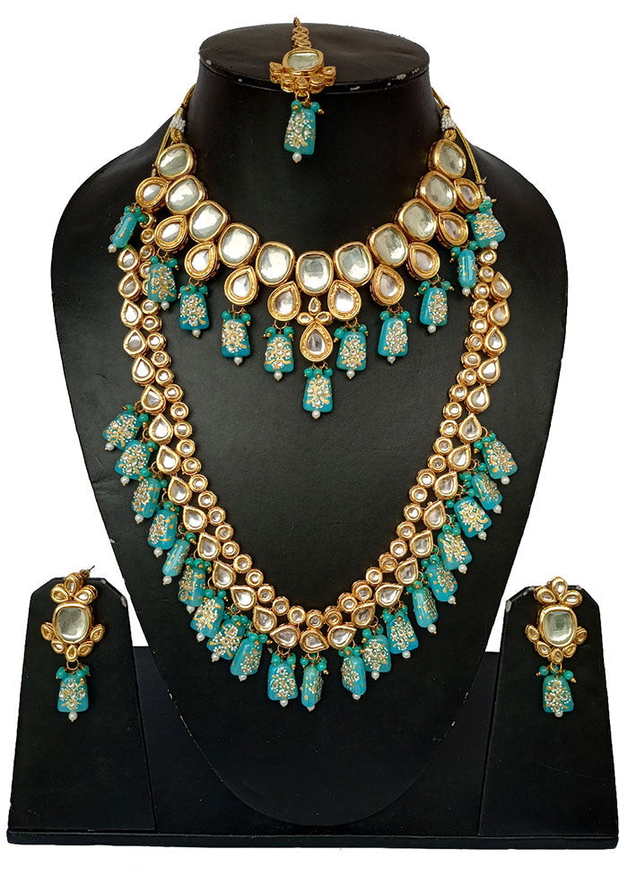 Gold Plated Kundan Jewellery Set With Blue Polki - Indian Silk House Agencies