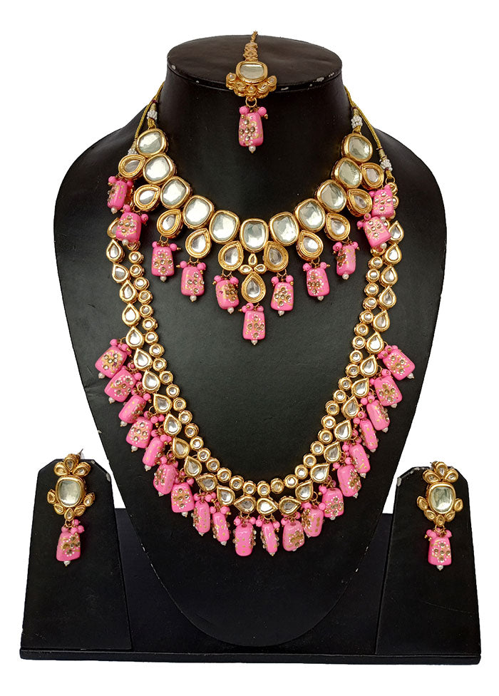 Gold Plated Kundan Jewellery Set With Pink Polki - Indian Silk House Agencies