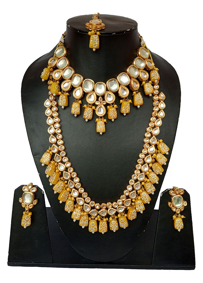 Gold Plated Kundan Jewellery Set With Yellow Polki - Indian Silk House Agencies