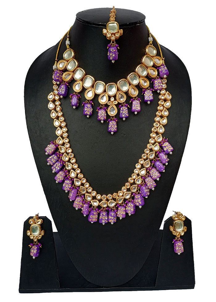 Gold Plated Kundan Jewellery Set With Purple Polki