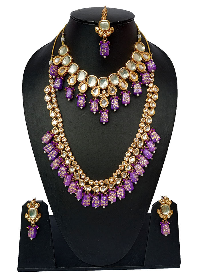 Gold Plated Kundan Jewellery Set With Purple Polki - Indian Silk House Agencies