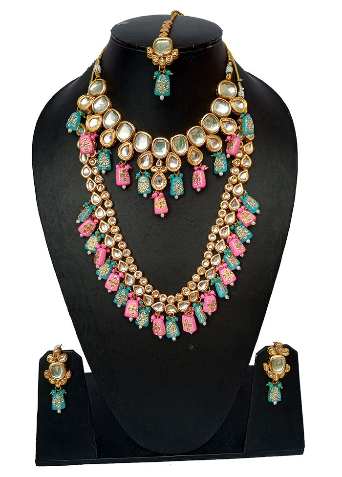 Gold Plated Kundan Jewellery Set With Pink And Blue Polki - Indian Silk House Agencies