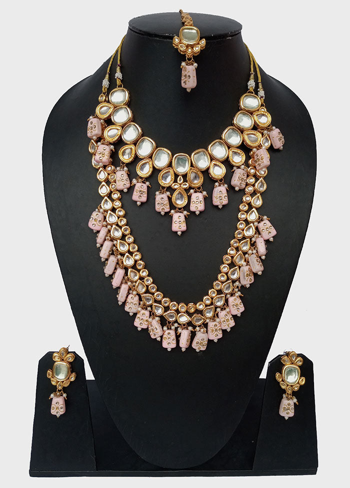 Gold Plated Kundan Jewellery Set With Pink Polki - Indian Silk House Agencies