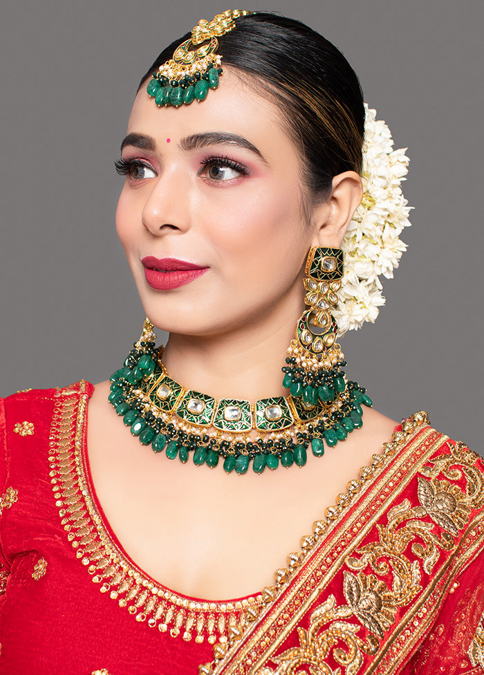 Green Gold Tone Kundan Enameled Necklace And Earrings With Mangtika - Indian Silk House Agencies