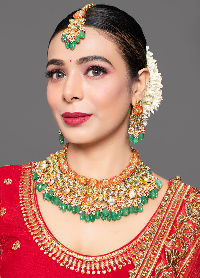 Green Red Gold Toned Handcrafted Kundan Necklace With Matching Earrings And Mangtika - Indian Silk House Agencies