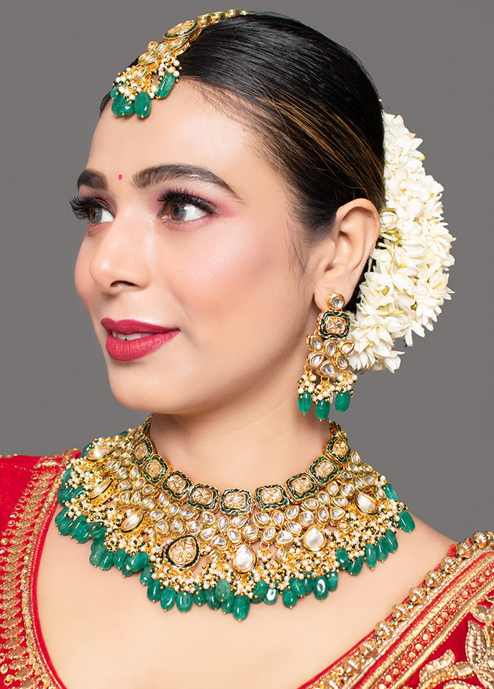 Green Gold Tone Kundan Enameled Necklace And Earrings With Mangtika - Indian Silk House Agencies