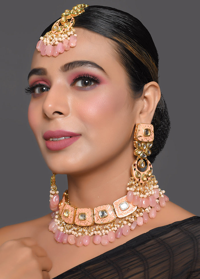 Handcrafted Kundan Peach Enameled Necklace With Earrings And Mangtika - Indian Silk House Agencies