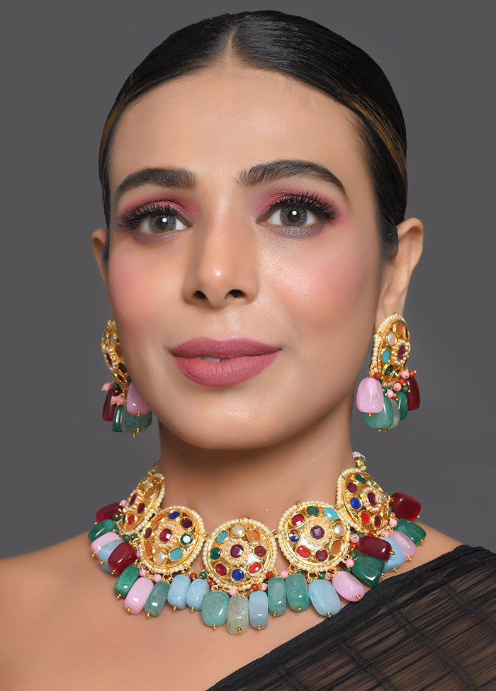 Navratan Kundan Inspired Necklace With Earrings - Indian Silk House Agencies