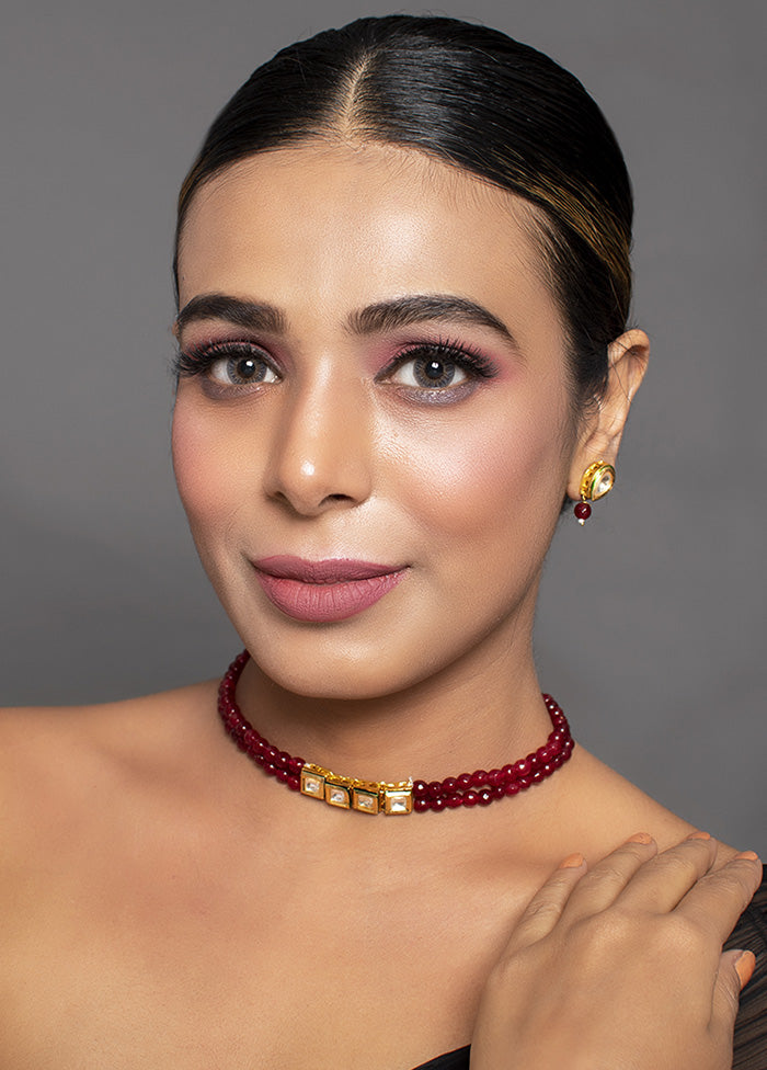 Mahroon Beaded Gold Toned Kundan Inspired Choker With Earrings - Indian Silk House Agencies