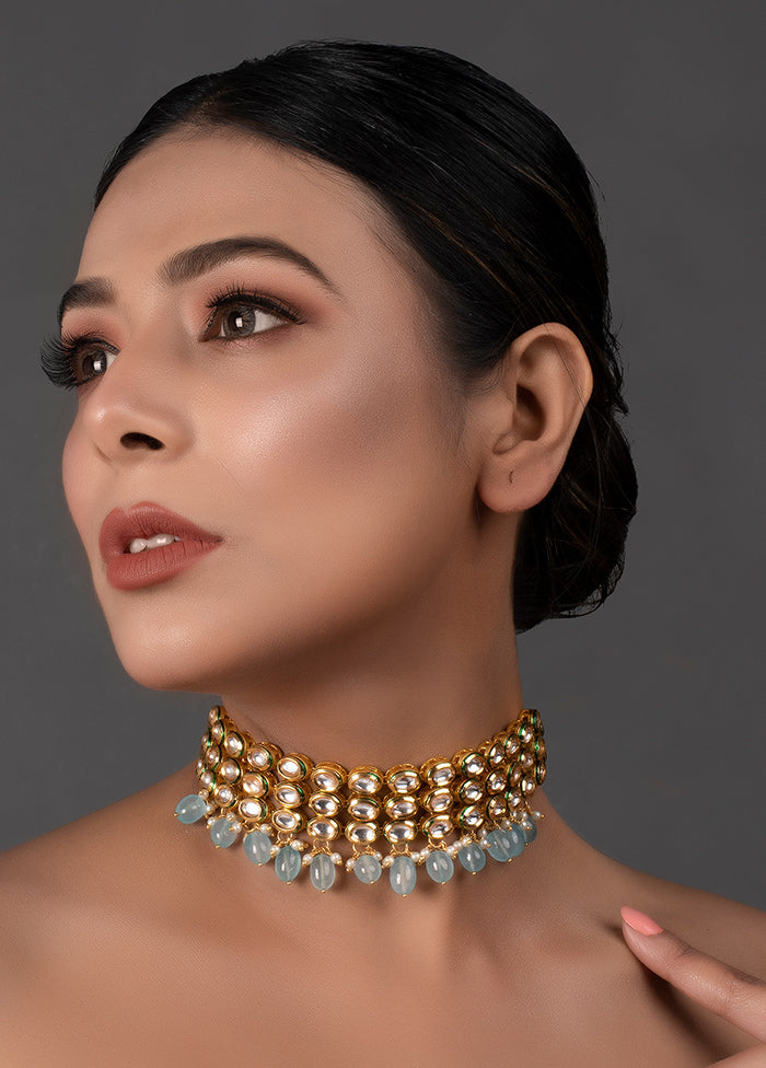 Blue Gold Tone Kundan Beaded Choker Necklace1