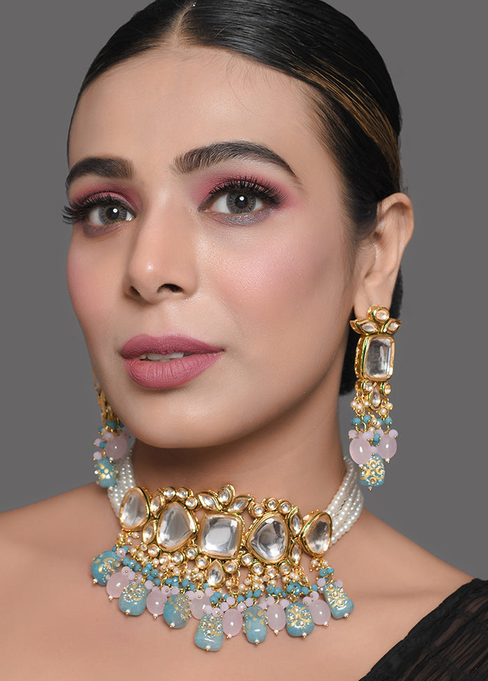 Pastel Blue Beaded Kundan Necklace And Earrings Set - Indian Silk House Agencies