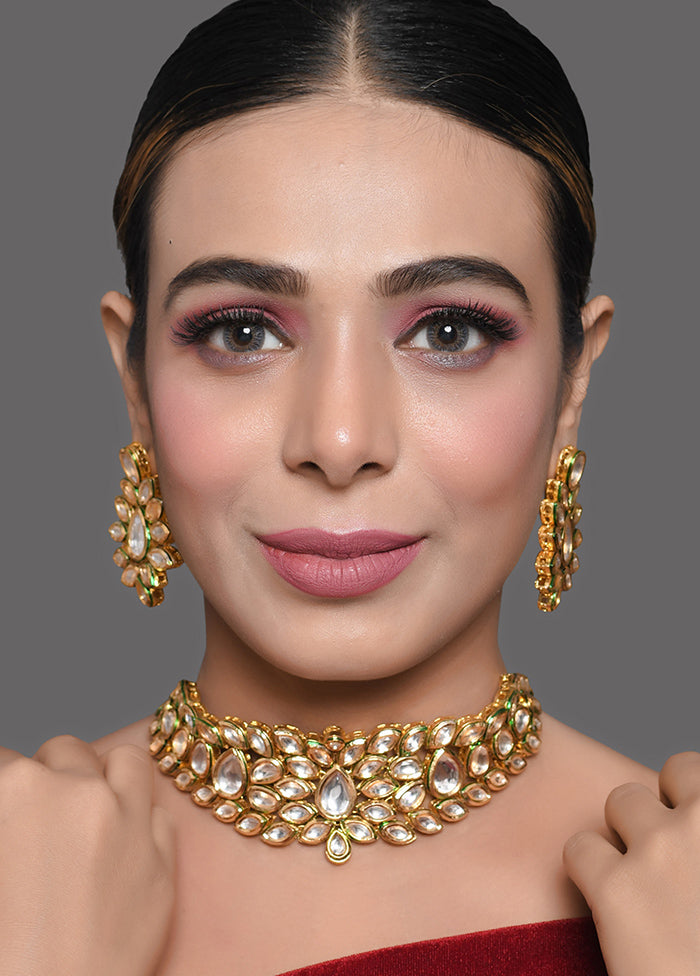 Gold Tone Kundan Necklace With Earrings - Indian Silk House Agencies