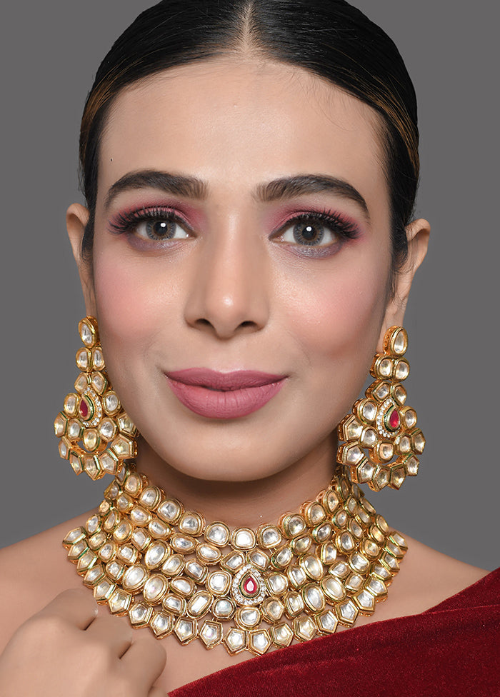 Gold Toned Kundan Necklace With Earrings - Indian Silk House Agencies