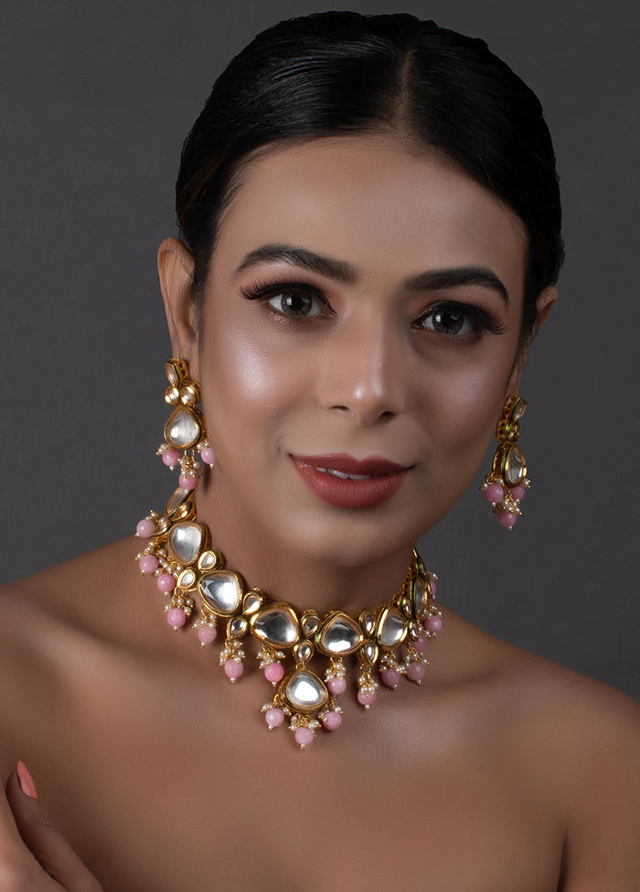 Pearl And Pink Beaded Gold Tone Kundan Inspired Necklace With Earrings - Indian Silk House Agencies