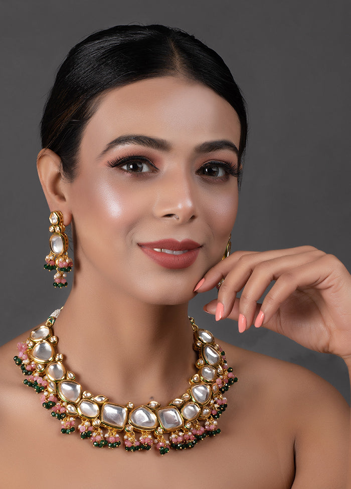 Pink Green Gold Tone Kundan Necklace With Earrings - Indian Silk House Agencies