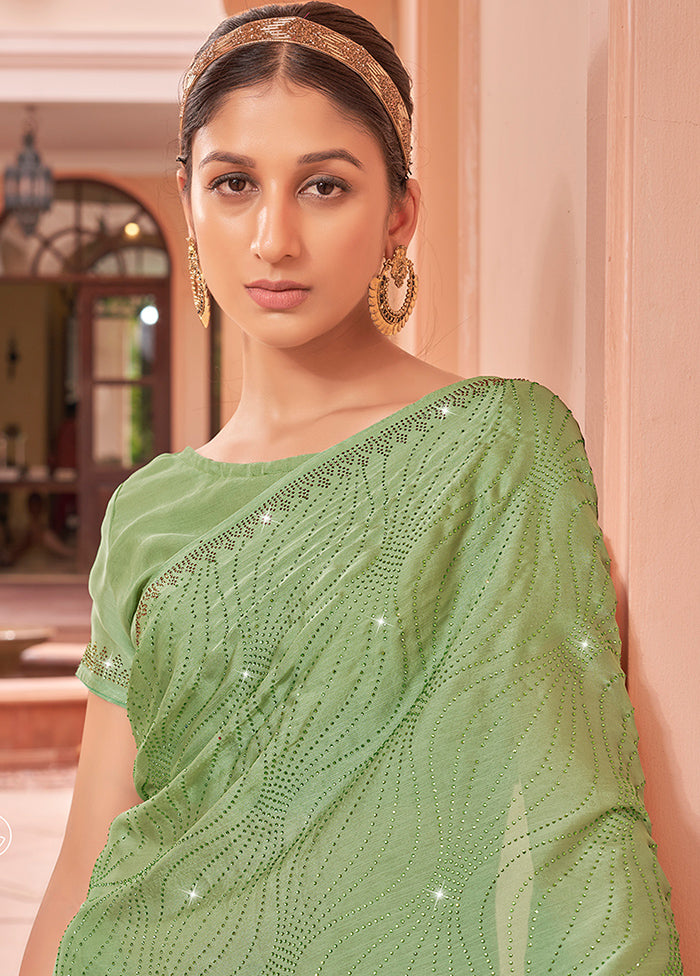 Pista Green Chiffon Silk Saree With Blouse Piece - Indian Silk House Agencies