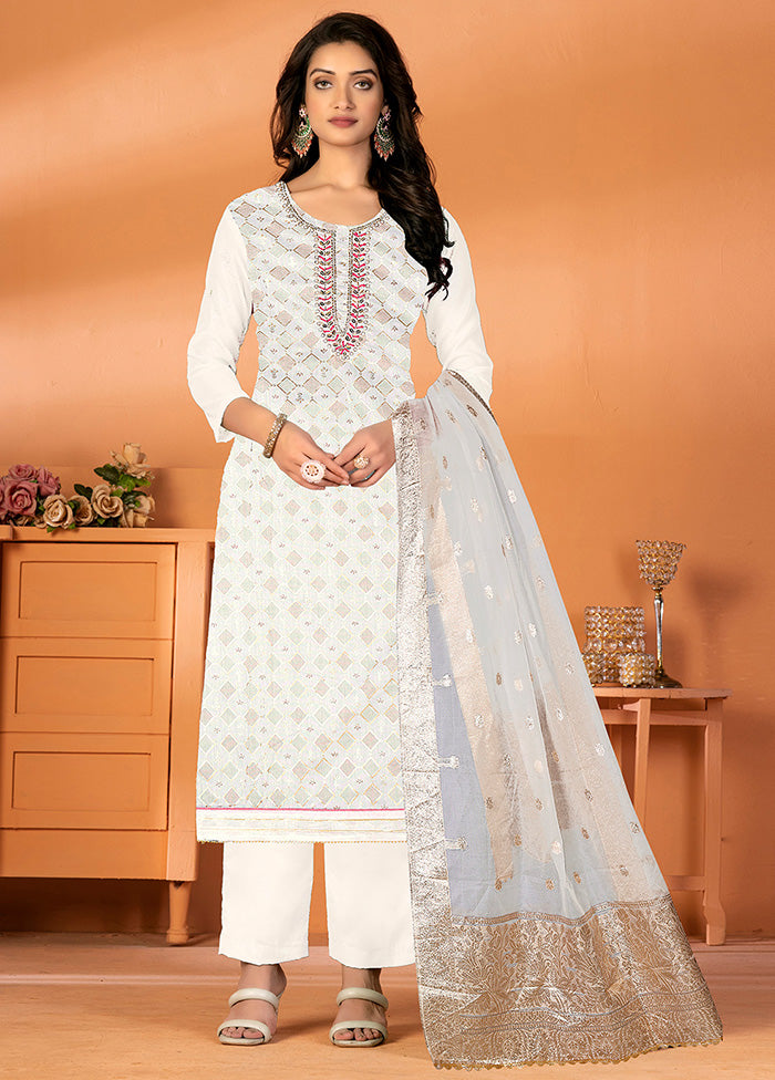 3 Pc White Unstitched Silk Suit Set - Indian Silk House Agencies
