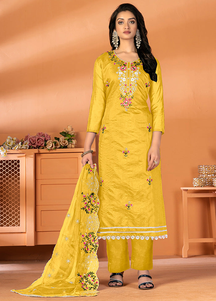 3 Pc Yellow Unstitched Silk Suit Set - Indian Silk House Agencies