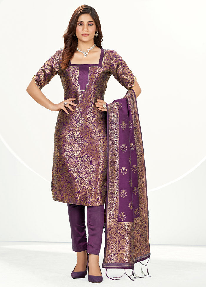 3 Pc Purple Unstitched Silk Suit Set - Indian Silk House Agencies