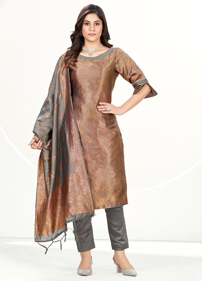 3 Pc Grey Unstitched Silk Suit Set - Indian Silk House Agencies