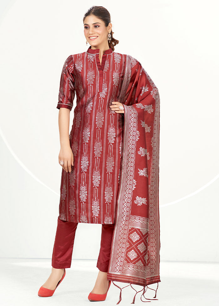 3 Pc Maroon Unstitched Silk Suit Set - Indian Silk House Agencies