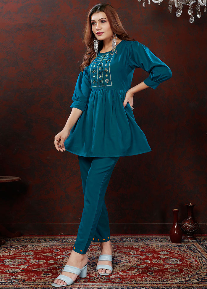 2 Pc Teal Blue Readymade Cotton Coord Set - Indian Silk House Agencies