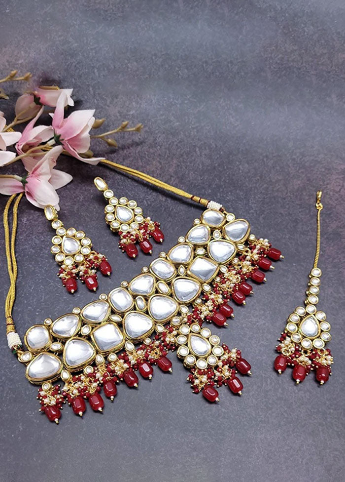 Red Kundan Polki Jewellery Set With Mangtika - Indian Silk House Agencies