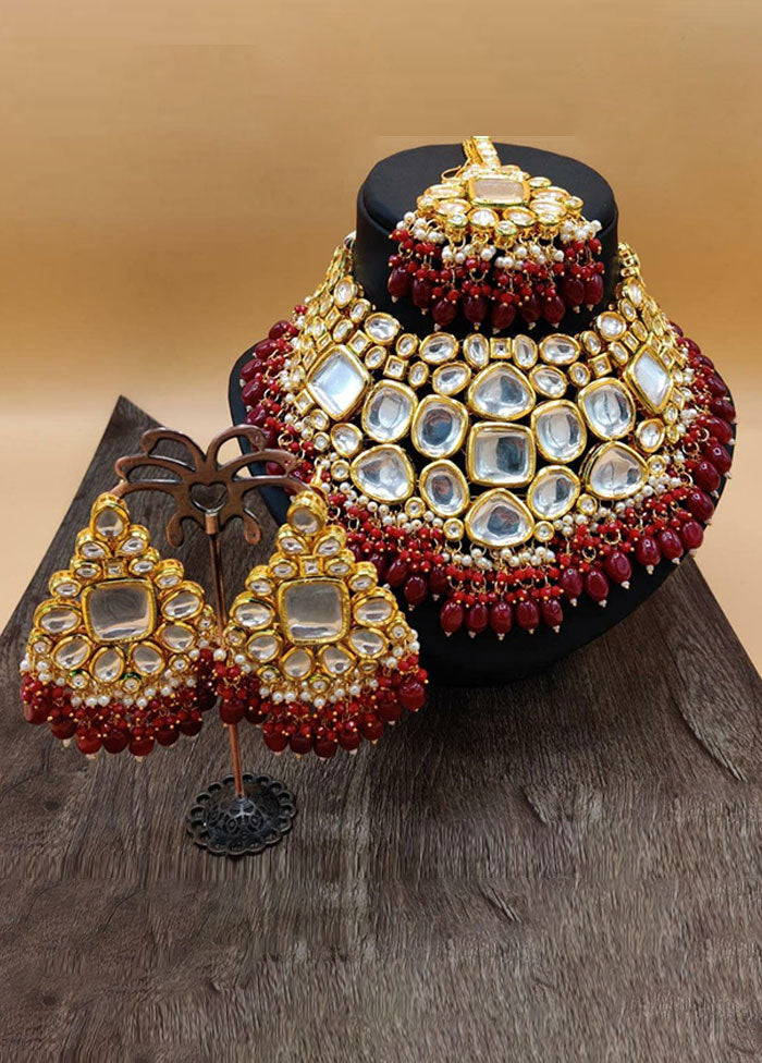 Red Kundan Polki Jewellery Set With Mangtika - Main Image