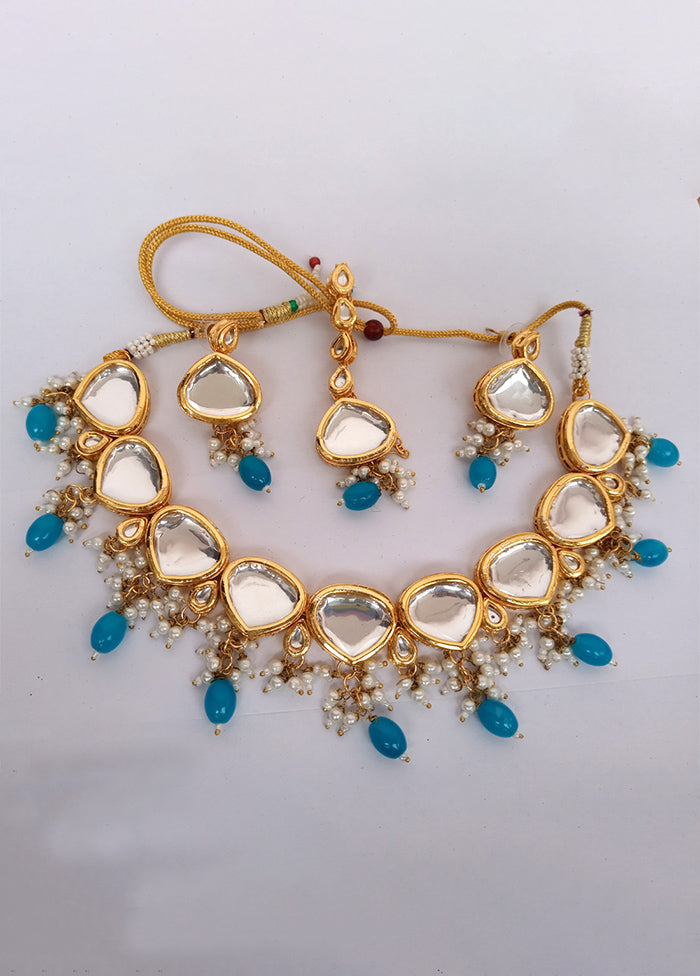 Kundan Studded Sky Blue Jewellery Set With Mangtika - Indian Silk House Agencies