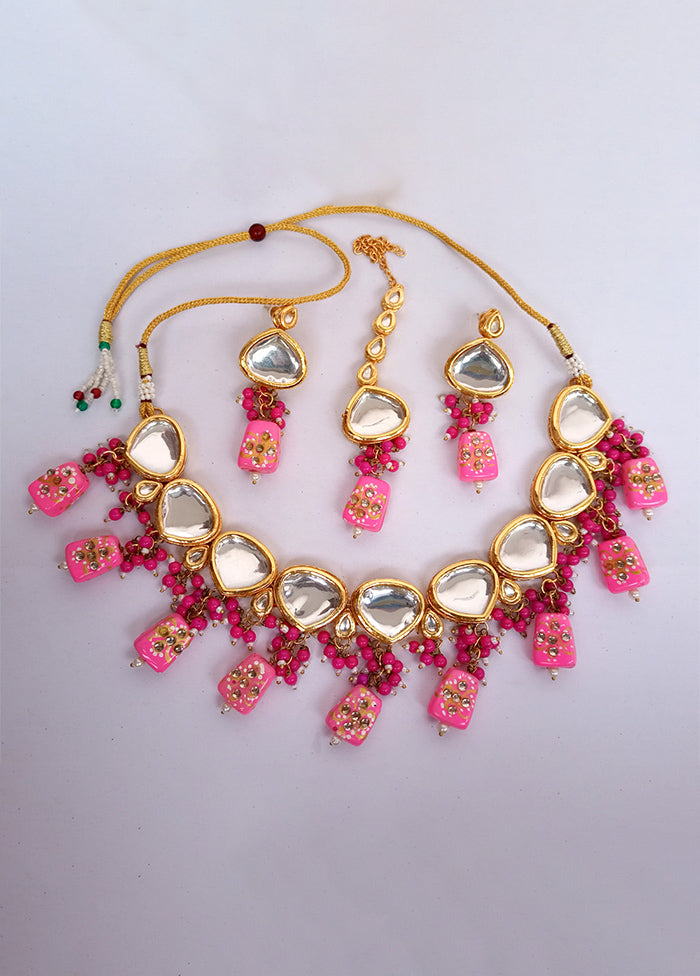 Kundan Studded Pink Jewellery Set With Mangtika - Indian Silk House Agencies