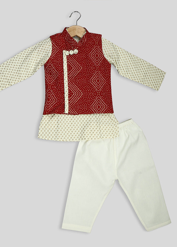 Cream Kurta Pyjama With Badhani Print Jacket For Boys - Indian Silk House Agencies