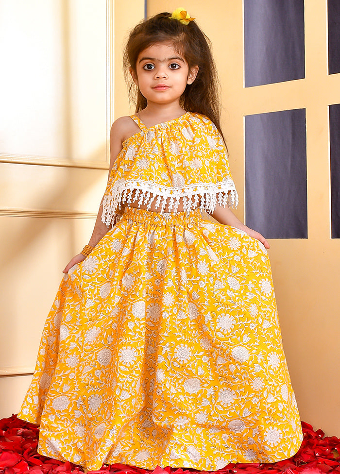 Yellow Cotton Block Print Skirt Top - Indian Silk House Agencies